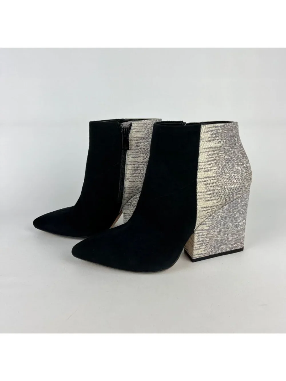 Loeffler Randall Lia Black Ivory Suede Snake Print Block Heel Bootie 6